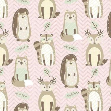 Imagem de Tecido Tricoline Bichos na Floresta Rosa - Fuxicos e Fricotes - 50 x 1