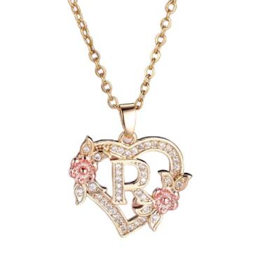 Imagem de Colar feminino com pingente de coração e flor, 26 letras, ouro de aço inoxidável - joia personalizada em tom, Onesize, Aço inoxidável, Strass