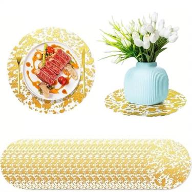 Imagem de Jogo americano descartável conjunto de 12 tapetes metálicos redondos de 33 cm de malha dourada prensada para mesa de jantar, casamento, festa de aniversário, decoração de casa