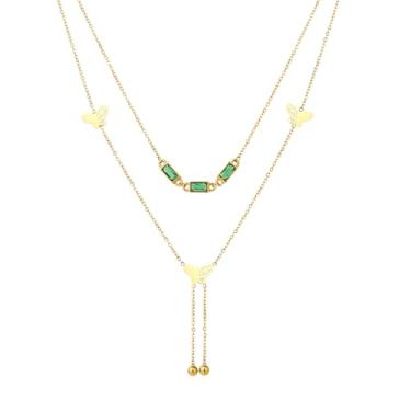 Imagem de TaYolnFaSo Colar feminino Y Lariat em ouro 18K com corte esmeralda/redondo CZ Y Lariat Butterflies Colar, joia presente de Natal para mulheres, Banhado a ouro, Zircônia cúbica