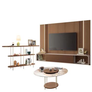 Imagem de Home Suspenso Empire Castanho Off White E Aparador Infinity E Mesa De Centro Sky Com Tampo De Vidro Castanho- Hb Móveis