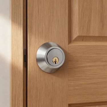 Imagem de Fechadura de fechadura, níquel acetinado redondo porta de entrada frontal com chave externa, segurança SmartKey Rekey resistente a palhetas, parafuso morto de cilindro único, níquel acetinado