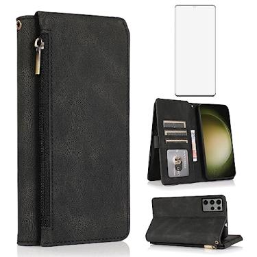 Imagem de Capa carteira compatível com Samsung Galaxy S23 Ultra 5G, protetor de tela de vidro temperado e zíper retrô de couro, suporte para cartão, acessórios para celular para S23Ultra 23S S 23 23Ultra Preto