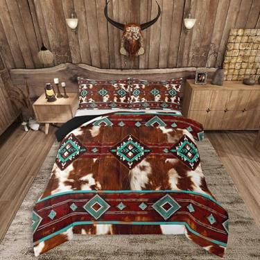 Imagem de Feelyou Conjunto de edredom com estampa de pele de vaca para crianças, meninos, meninas, ocidental, tamanho casal, couro boho, asteca, boêmio, geométrico, casa de fazenda, para decoração de quarto