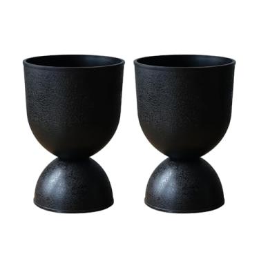 Imagem de Lookat Vaso de ampulheta moderno, recipiente de plástico decorativo para plantas, aparência de metal texturizado, vaso de jardim doméstico contemporâneo (preto, CUP001)