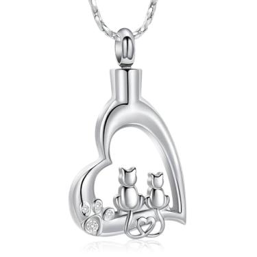 Imagem de AIWENXI Joias de cremação de gato, colares de cinzas de coração para homens e mulheres em aço inoxidável com estampa de patas de cristal e pingente de cinzas para animais de estimação, Aço inoxidável