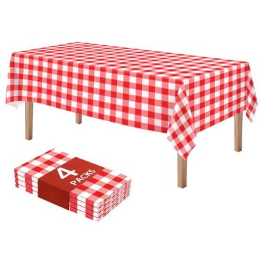 Imagem de DaiUni Pacote com 4 toalhas de mesa xadrez vermelhas e brancas – Toalha de mesa xadrez descartável de plástico 137 x 272 cm, capas de mesa de piquenique à prova d'água para festa de aniversário