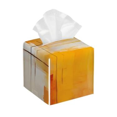 Imagem de Suporte quadrado de couro para caixa de lenços de papel, impermeável, painel de madeira, pintura laranja, organizador de papel facial com cinto inferior, estojo de lenços para mesa, banheiro