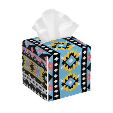 Imagem de Suporte quadrado de couro para caixa de lenços de papel, impermeável, asteca, étnico, listrado, organizador de papel facial com cinto inferior, estojo de lenços para mesa, banheiro, escritório, mesa