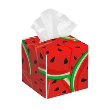 Imagem de Capa quadrada de couro para caixa de lenços à prova d'água, frutas, melancia, organizador de papel facial vermelho fofo com cinto inferior, estojo de lenços para mesa, banheiro, escritório, mesa