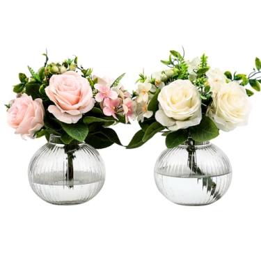 Imagem de YANWE1 Vasos de vidro redondos, conjunto de 2 vasos pequenos para flores, vaso de vidro transparente para tulipas, vaso moderno para sala de estar, escritório, mesa de centro, prateleira, casamento