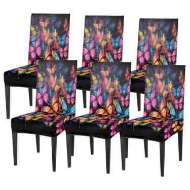 Imagem de Conjunto de 6 capas elásticas para cadeira de sala de jantar, capa protetora de assento de animal, retrô, borboleta, colorida, removível, lavável, para cozinha, casa, hotel, banquete, festa de