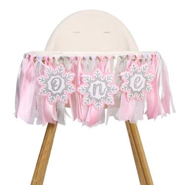 Imagem de Faixa de cadeira alta de floco de neve rosa – Decoração de 1º aniversário de inverno Onederland, grinalda de cadeira alta com fita rosa e prata, decoração de flocos de neve "ONE" Cake Smash