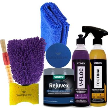 Imagem de Kit Limpeza Automotiva com V-Floc, Tok Final, Rejuvex Vintex, Aplicador, Pano 38x38, Luva, Pincel e Esponja