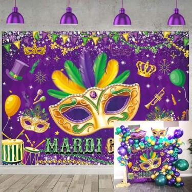 Imagem de Máscara de carnaval carnaval roxo dourado decorações carnaval carnaval fundo fotografia baile de máscaras para aniversário adereços de sessão de fotos (2,8 x 1,5 m)