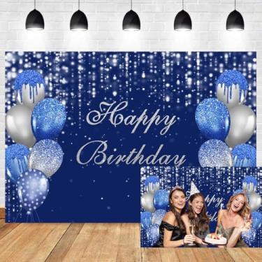 Imagem de 2,1 x 1,5 m, azul marinho, pano de fundo de feliz aniversário, balões azuis e prateados com glitter, fundo fotográfico, azul marinho, decoração de festa de aniversário, suprimentos para adultos