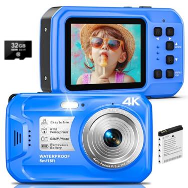 Imagem de Câmera subaquática de 64 MP 4K com tela IPS HD e zoom digital de 16X, à prova d'água e flutuante, foco automático, inclui cartão de 32 GB