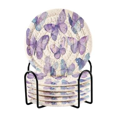 Imagem de Qilmy Conjunto de 6 peças de porta-copos de borboletas coloridas bonitas ou porta-copos de bar para bebidas, porta-copos de fazenda ou porta-copos de mesa rústicos, porta-copos modernos de algodão