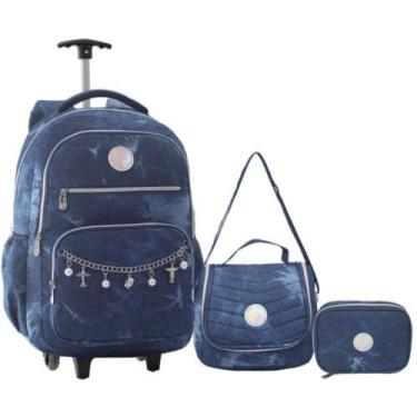 Imagem de Kit Mochila 18 Juvenil 2 Rodas Jeans Escuro Com Lancheira Térmica E Es