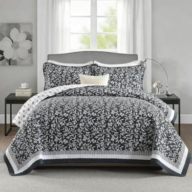 Imagem de DUOHONG Conjunto de colcha king 100% algodão – edredom acolchoado botânico, colcha de cama King floral reversível, roupa de cama king vintage chique para cama king, 3 peças, azul/branco