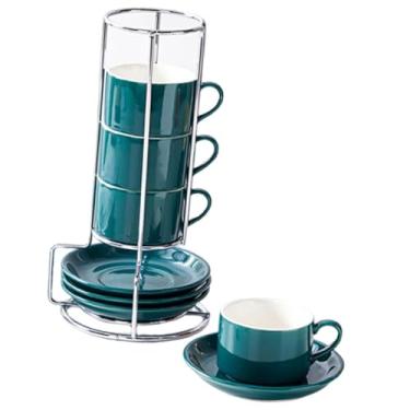 Imagem de ＫＬＫＣＭＳ Conjunto de 4 xícaras de café de cerâmica com pires, multifuncionais, com suporte, acessórios decorativos criativos para cafeteria, Verde