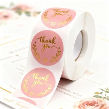 Imagem de 500 adesivos rosa de agradecimento - etiquetas impermeáveis autoadesivas de 3,8 cm, adesivos redondos elegantes para embalagem de presente, produtos para pequenas empresas e selos de envelope