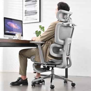 Imagem de Cadeira de escritório de malha ergonômica com apoio para os pés, cadeira de mesa de escritório em casa com encosto alto, suporte lombar confortável, inclinação de 130°, apoio de braço 3D ajustável e