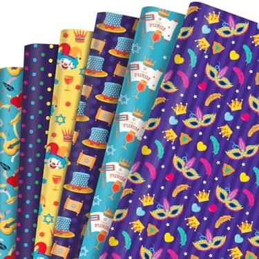 Imagem de JOINFANXIN 12 folhas de papel de embrulho com tema Purim, chapéu de palhaço e máscara padrões de embrulho de presente DIY arte artesanato papel para decoração de festa de aniversário Purim suprimentos