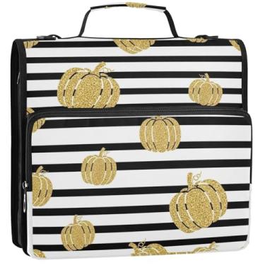 Imagem de Lindo organizador de fichários com zíper de 3 cm, 3 anéis, abóboras resistentes, listras pretas e brancas, pasta de portfólio com alça, bolsa de fichários escolares com alça de ombro, 34,5 x 31,5 x 9