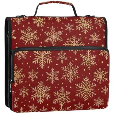 Imagem de Pasta profissional com 3 anéis de 3 anéis de 3 argolas douradas, flocos de neve vermelhos, organizador com zíper, vários bolsos, pasta grande para fichários escolares com alça de ombro, 34,5 x 31,5 x
