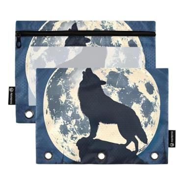 Imagem de GAIGEO Lobo uivando na lua 3 anéis bolsa lápis bolsa caneta lápis sacos com zíper crianças escola pasta transparente bolsos armazenamento 25 cm x 18 cm, 2 pacotes
