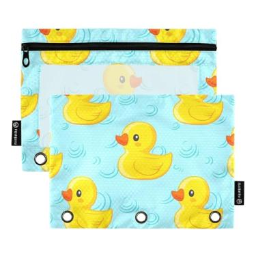Imagem de Linda pasta de lápis azul claro com 3 anéis de patos amarelos bolsa de lápis com zíper fichário escolar bolsos transparentes trabalho 25 x 18 cm, 2 pacotes