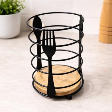 Imagem de Porta Talheres Organizador de Bancada com Base de Madeira, Preto, 16 cm, Suporte Decorativo para Utensílios de Cozinha, Aço Inox