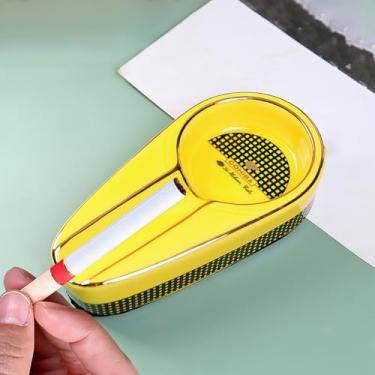 Imagem de Cinzeiro de cerâmica, cinzeiro de charuto para exterior, cinzeiros individuais portáteis para pátio com suporte para presente sala de estar escritório decoração - amarelo