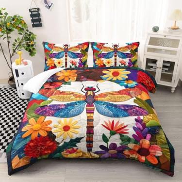Imagem de AILONEN Lindo conjunto de edredom Queen, com flores coloridas, boêmio, floral, libélula, 2 fronhas, 3 peças