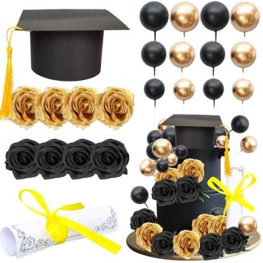 Imagem de Ephlyn Pacote com 40 topos de bolo de formatura 2025 turma de 2025 bolas de diploma flores parabéns decorações de bolo de graduação para ensino médio 2025 suprimentos de graduação sênior preto ouro