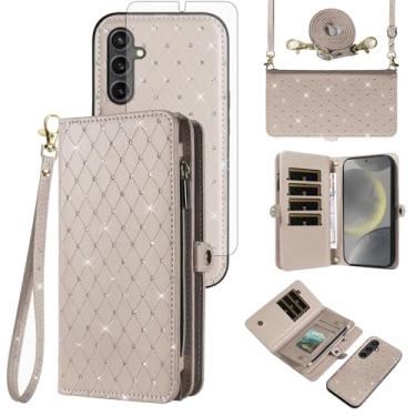 Imagem de Asuwish Capa de celular para Samsung Galaxy S24 5G carteira com zíper destacável com protetor de tela de vidro temperado alça transversal alça flip glitter compartimento para cartão S 24 24S G5