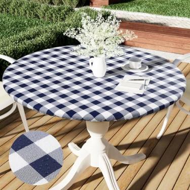 Imagem de Smiry Toalha de mesa redonda de piquenique, toalhas de mesa elásticas impermeáveis de vinil para mesas de 106 a 127 cm, capa de mesa xadrez de búfalo com forro de flanela para jantar, acampamento, ao