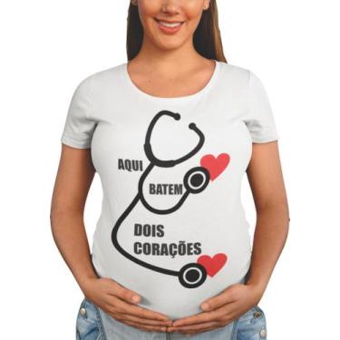 Imagem de Camiseta Gestante Gravidez Aqui Batem 2 Corações Bata Frase Branca - D