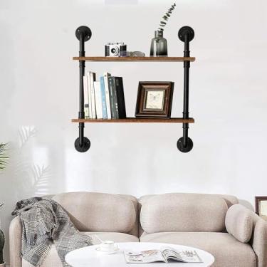 Imagem de Prateleiras de tubos industriais montadas na parede Prateleiras flutuantes de madeira retrô rústica prateleira de parede estante organizadora de armazenamento para quarto, sala de estar, escritório