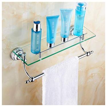 Imagem de Prateleiras flutuantes Prateleira de vidro para banheiro, toalheiro de camada única com haste, rack de armazenamento de cozinha de banheiro montado na parede (cor: ouro, tamanho: 50 cm) (prata 60 cm)