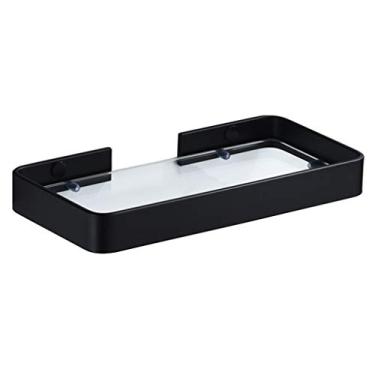 Imagem de Prateleiras flutuantes Prateleira de vidro, rack de armazenamento de banheiro montado na parede, instalação sem perfuração, rack de especiarias de cozinha de alumínio espacial (cor: preto, tamanho: 35