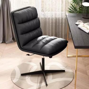 Imagem de AkosOL Cadeira giratória de escritório, cadeira com pernas cruzadas, sem rodas, encosto para quarto, escritório, cadeira ajustável, assento acolchoado com couro, cadeira sem braços, Nero