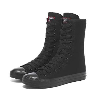 Imagem de Tênis feminino de lona de cano alto com cadarço e sapatos casuais para meninas, Preto - 10, 4.5