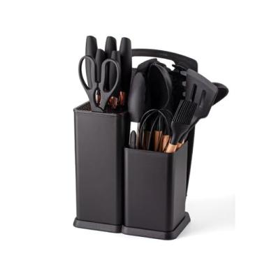 Imagem de Conjunto de Utensílios Cozinha com 19 Peças e Suporte Silicone Cabo Madeira Espátula Nível Alimentar Colher Gadgets Design Ergonômico Núcleo Aço Inoxidável Ultra Fácil Armazenar Ideal para Entusiastas