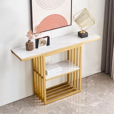 Imagem de Mesa de console moderna, mesa de entrada, mesa de sofá, mesa de corredor industrial, para decoração e organização, mesa de entrada de mármore sintético, para sala de estar, corredor, entrada (ouro