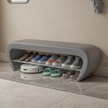 Imagem de Banco de sapateira com assento acolchoado, banco de armazenamento com prateleiras, organizador de armazenamento de sapatos, entrada de madeira, quarto, sala de estar, corredor, armário (cinza, 120 x