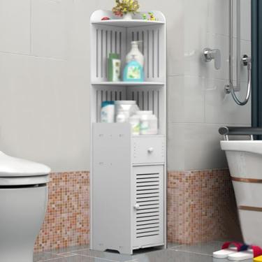 Imagem de Armário de armazenamento de banheiro pequeno, organizadores de banheiro estreitos com porta e prateleira aberta, placa de plástico de madeira, à prova de umidade, para banheiro banheiro espaços