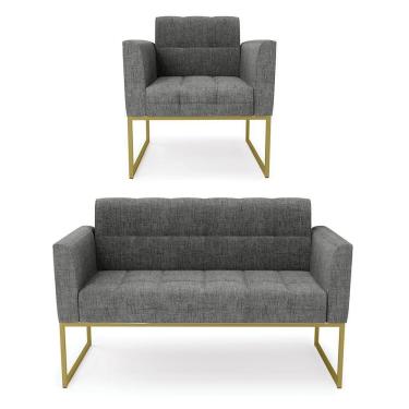 Imagem de Kit 1 Sofá Namoradeira E 1 Poltrona Elisa Linho Grafite A26 Base Metálica Industrial Dourada -