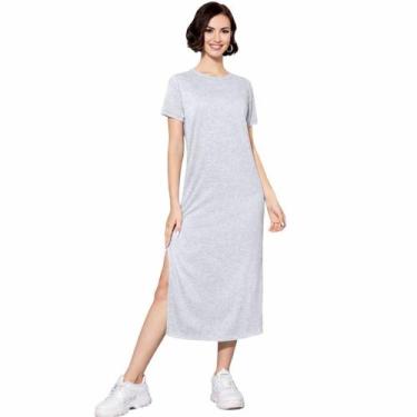 Imagem de Vestido Feminino Midi Manga Curta Gola Redonda Tribo Livre, Cinza clar